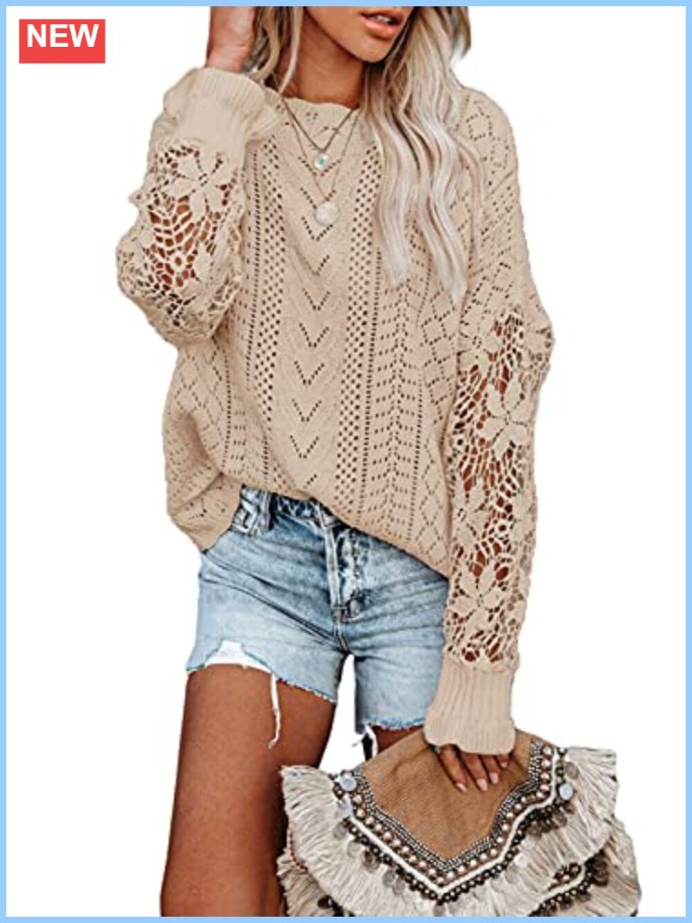 Women's Crochet Lace Long Sleeve Cable Knit Sweater Pullover